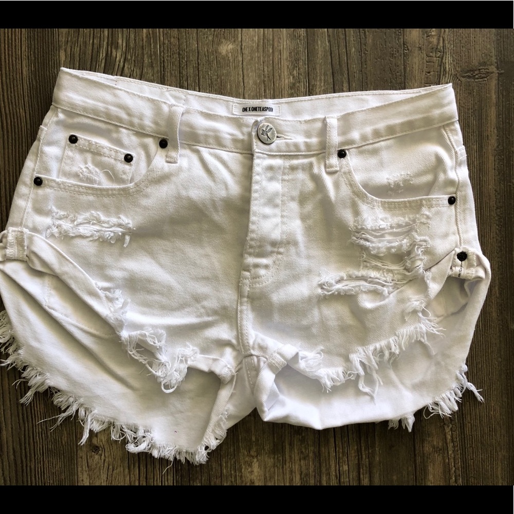 One Teaspoon Distressed White Denim Shorts